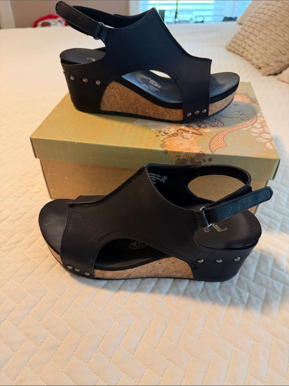 Very G Black Cork Wedge Slingback Sandals